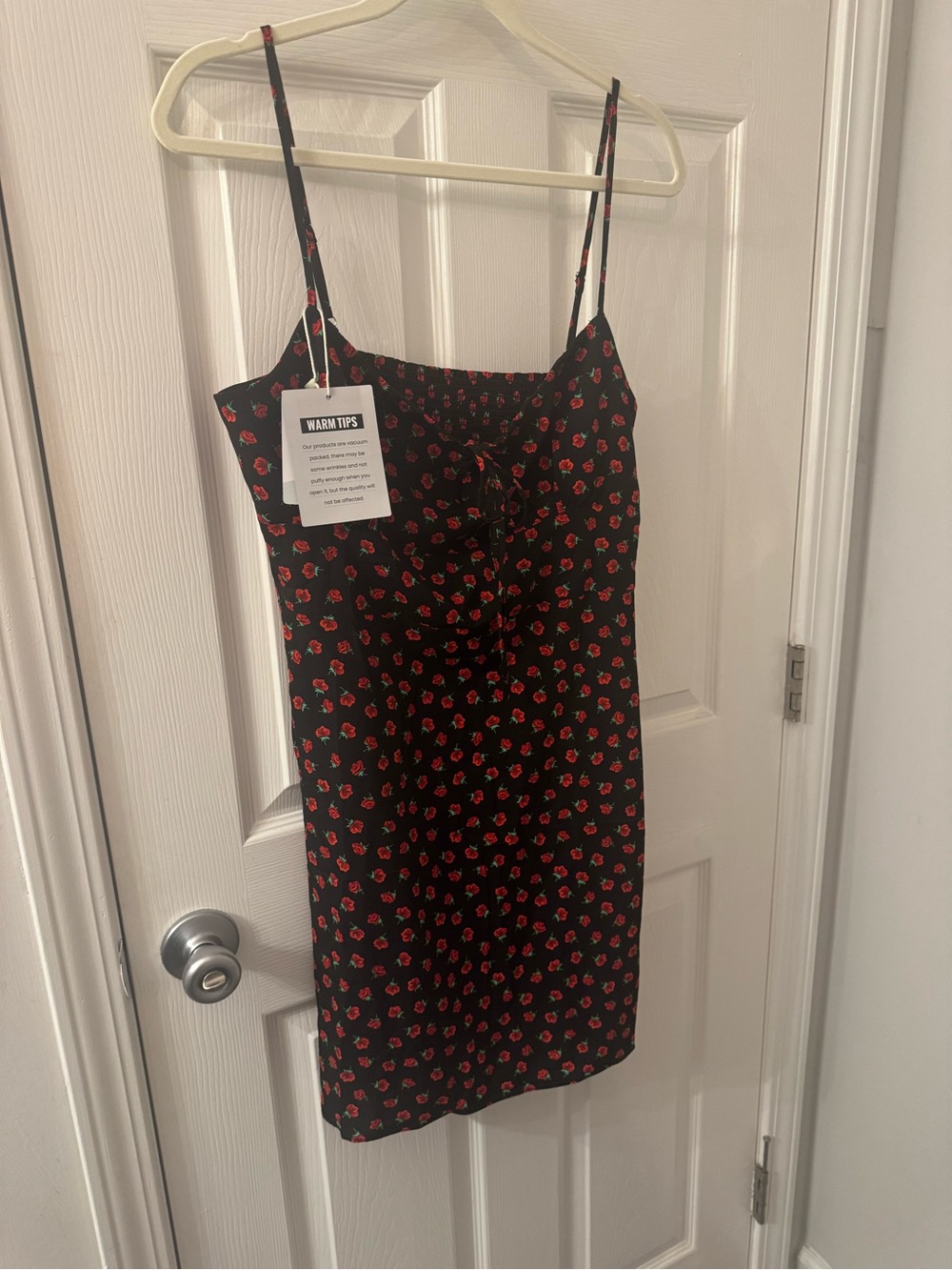 Black Mini Slip Dress with Red Rose Print